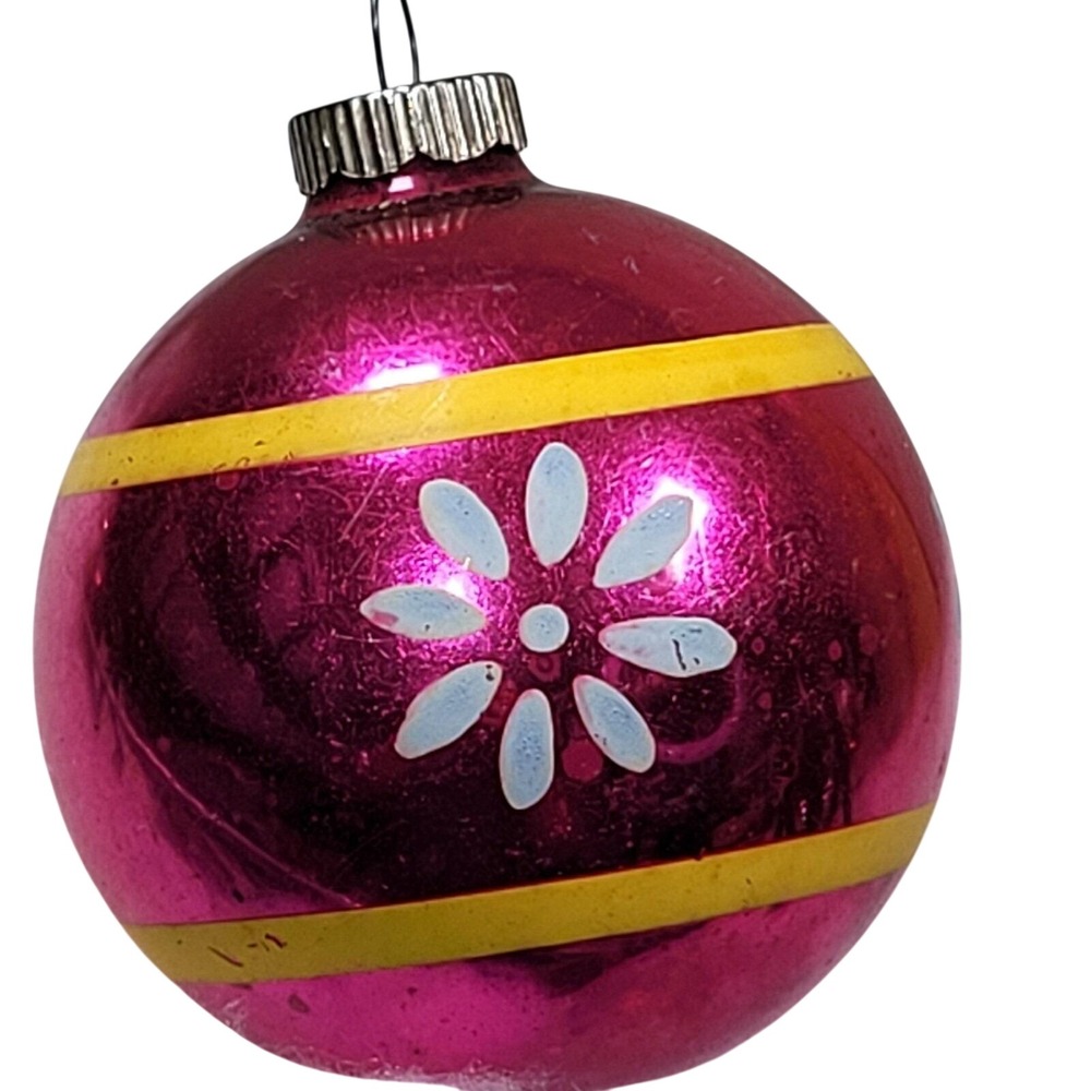 Shiny Brite Hot‎ Pink Christmas Ornament Flower Yellow Stripe Hand Painted Glass